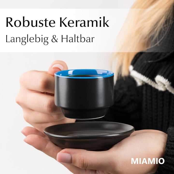 MIAMIO - 6 x 75 ml Espressotassen Set/Espresso Tassen Set mit Untertasse & Ständer - Kaffeetassen Se