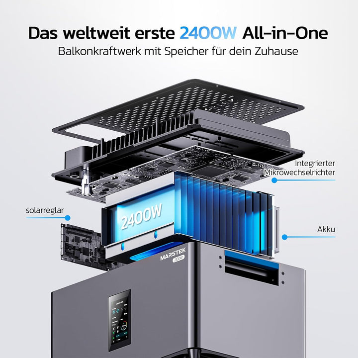 MARSTEK All-in-One Balkonkraftwerk mit Speicher,4 MPPT 2400W Solareingang, 6000 Ladezyklen, LFP Akku