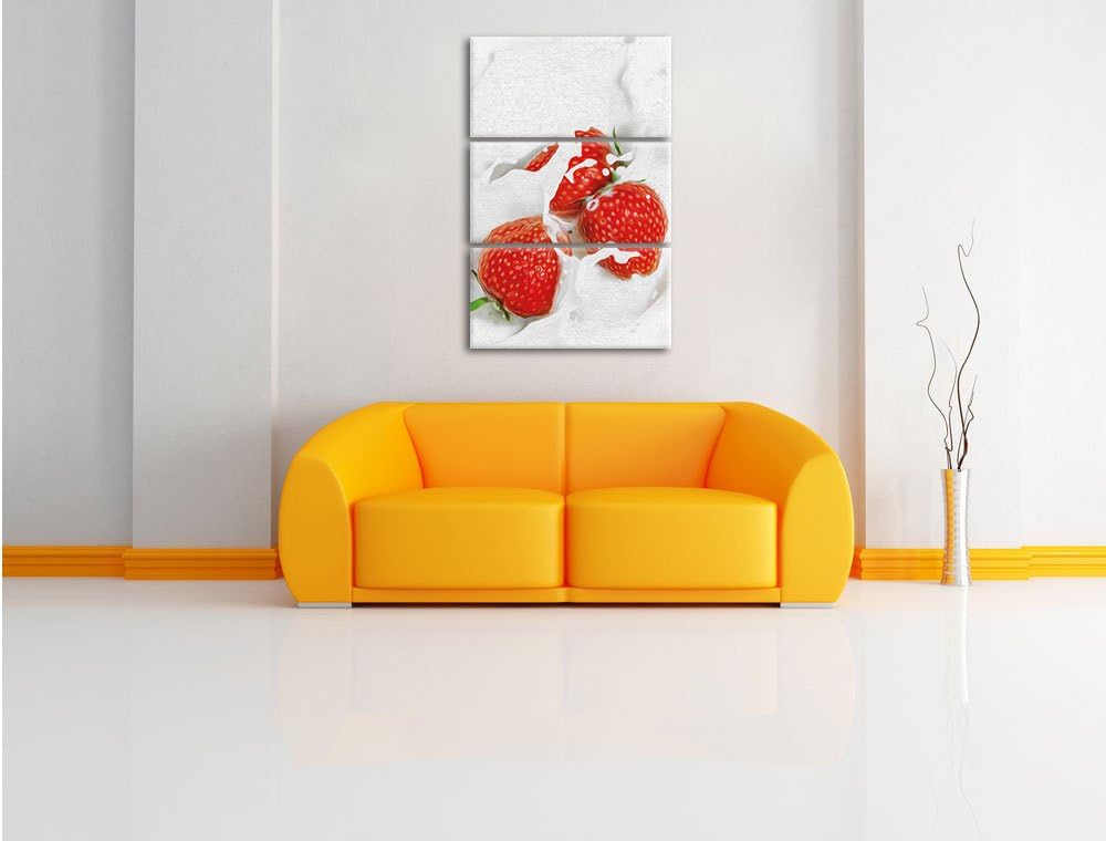 Pixxprint leckere Erdbeeren Schwimmen in Milch als Leinwandbild/Grösse: 3 Teilig (120x80) cm/Wandbil