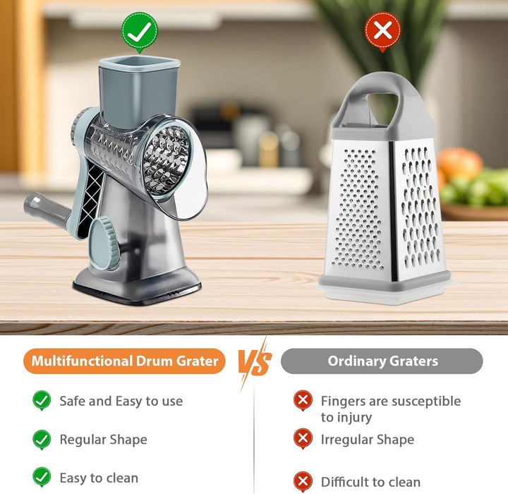 Cheese Grater, Käsereibe mit Kurbel, Trommelreibe, Gemüsehobel Reibe mit 3 Trommelklingen, manuell r