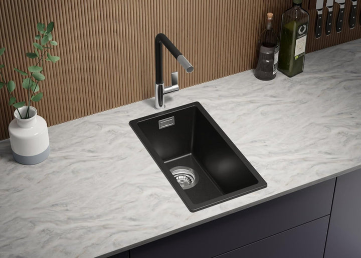 Spülbecken Schwarz 26 x 47 cm, Granitspüle + Siphon Klassisch + Küchenarmatur, Küchenspüle ab 30er U