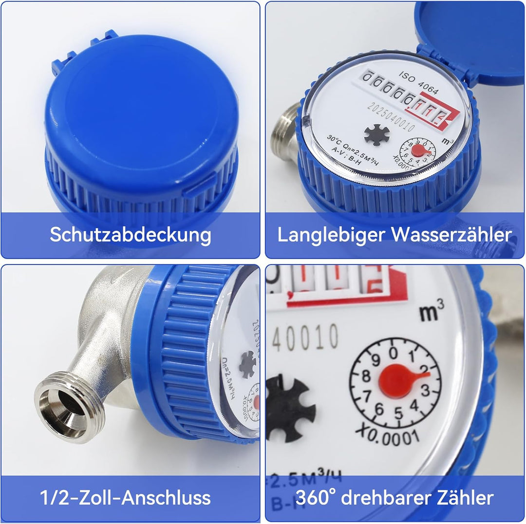 Garten Wasserzähler 1/2 Zoll, Kaltwasserzähler geeicht mit Digitalanzeige und Zeiger, Zapfhahnzähler