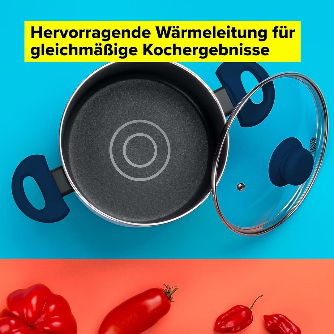 Tasty Antihaft-Kochtopf mit Glasdeckel und Öldosiersystem, 20cm, 3500ml – Gepresstes Aluminium, für