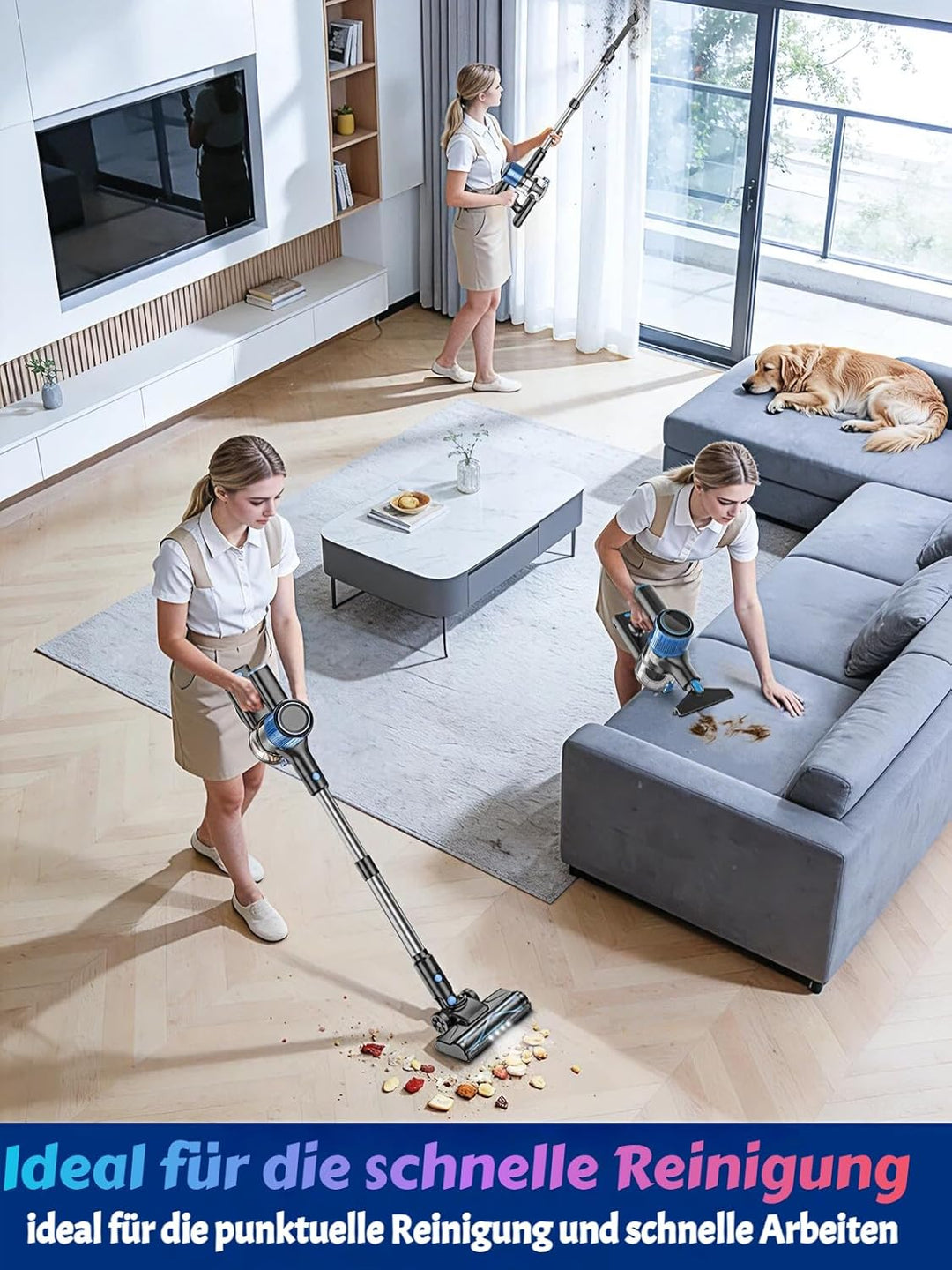 Akku Staubsauger 45KPa/400W/45Mins, Staubsauger Kabellos mit Selbststehende, Anti Tangle Bürste, für