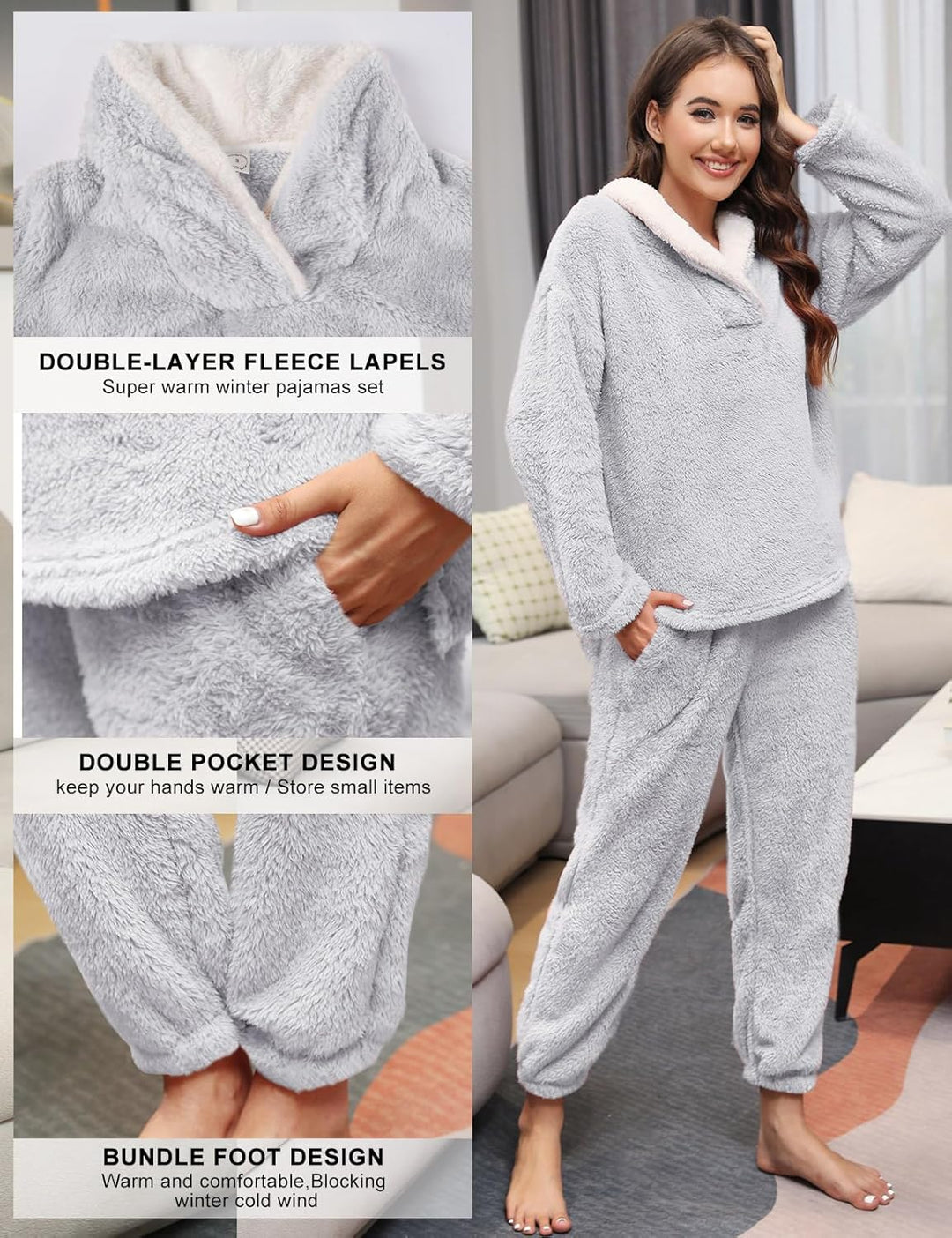 TOMEEK Schlafanzug Damen Winter Thermo Pyjama Set Langarm Fleece Nachtwäsche Set Weicher Warmer Heim