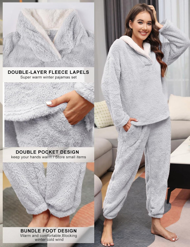 TOMEEK Schlafanzug Damen Winter Thermo Pyjama Set Langarm Fleece Nachtwäsche Set Weicher Warmer Heim