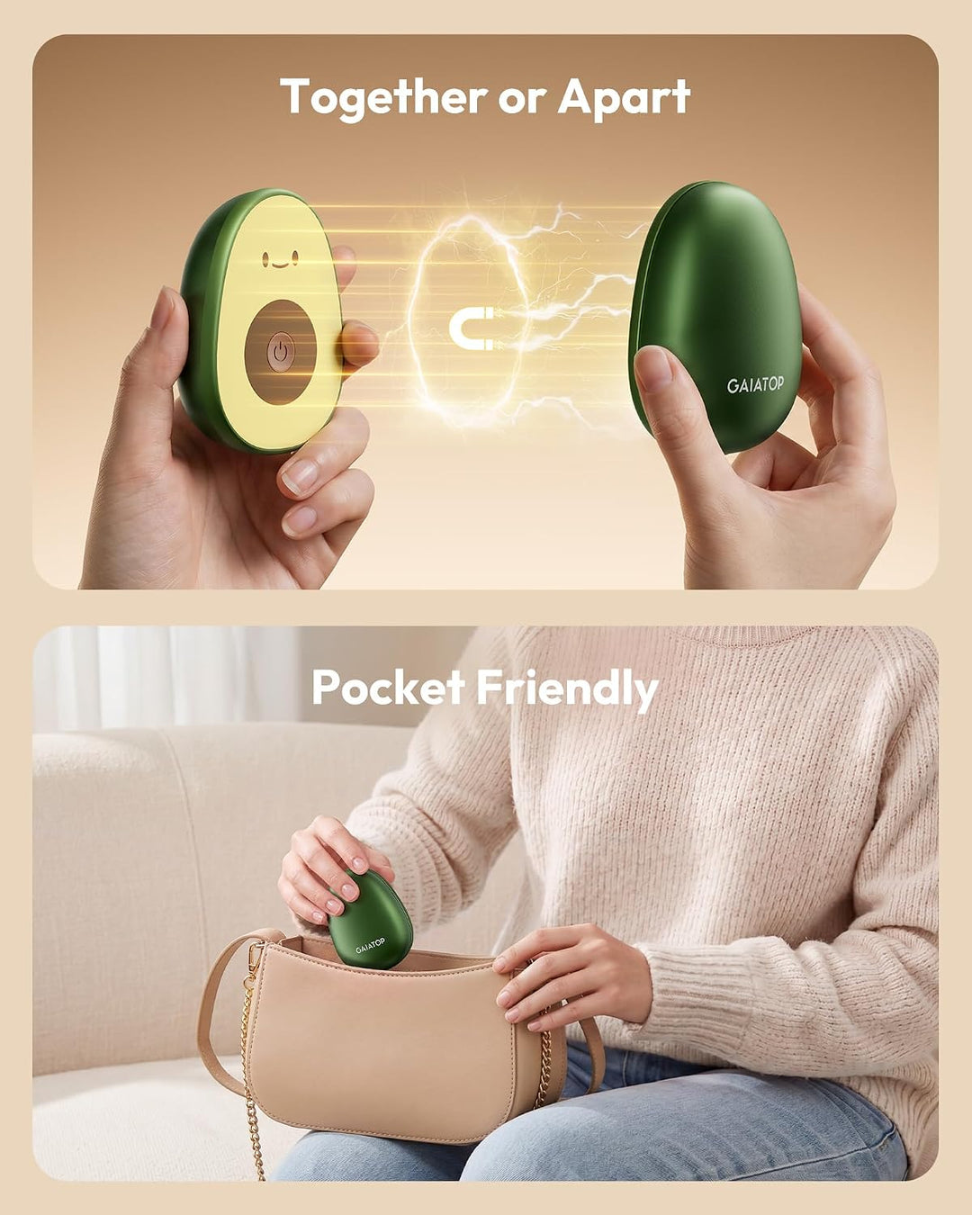 Gaiatop Handwärmer Elektrisch, 4000mAh Avocados Geformt Elektrischer Taschenwärmer mit 𝟐𝐏𝐜𝐬 USB-Kabe