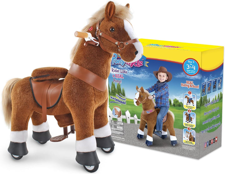 PonyCycle Pferd zum reiten, für Kinder 3–4 Jahre, 76cm Hoch, Reitpferd auf Rollen mit Handbremse und