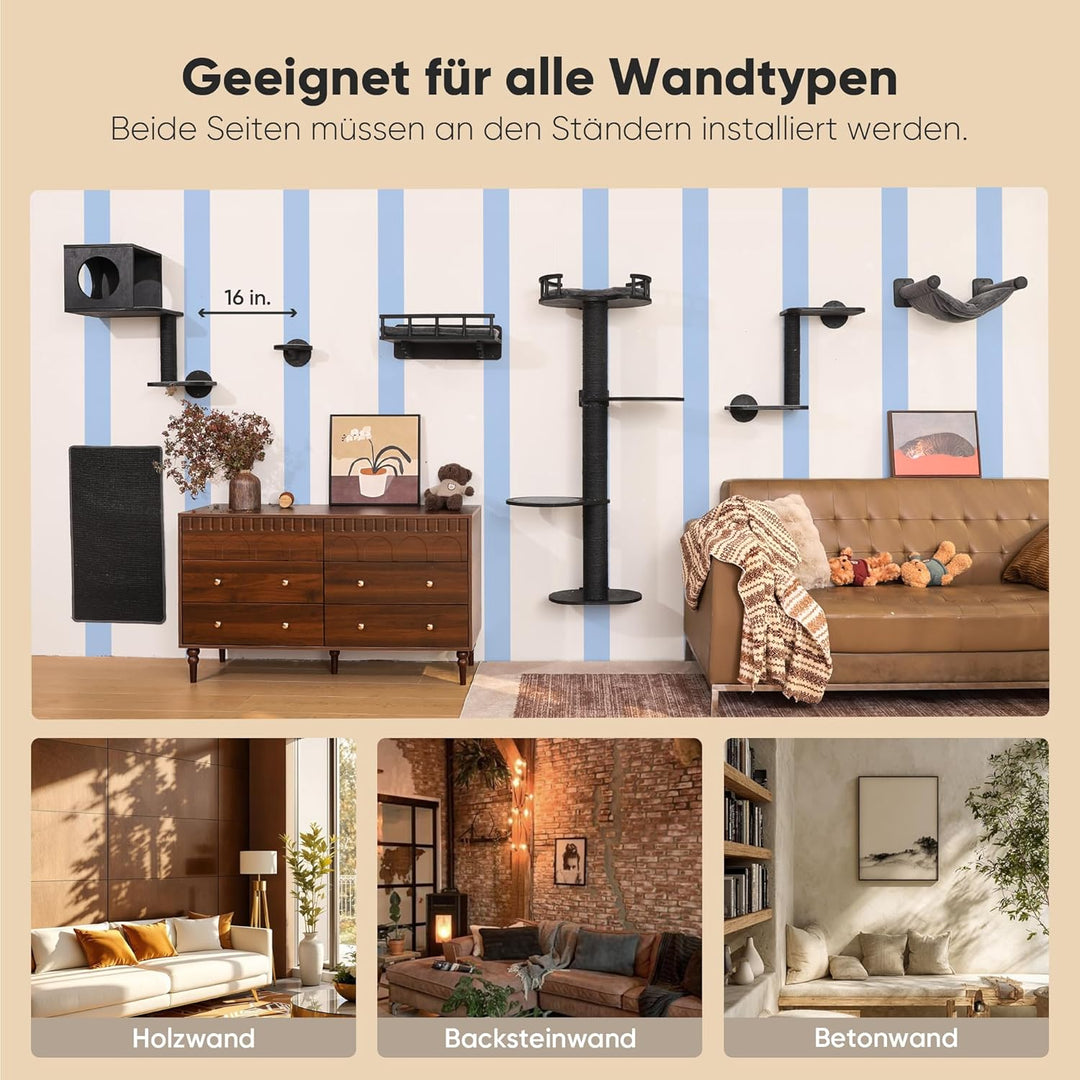 FUKUMARU Kletterwand Katzen-Set, 4 in 1 stabiles Wandmöbel aus mehrschichtigem Holz mit Hängematte,