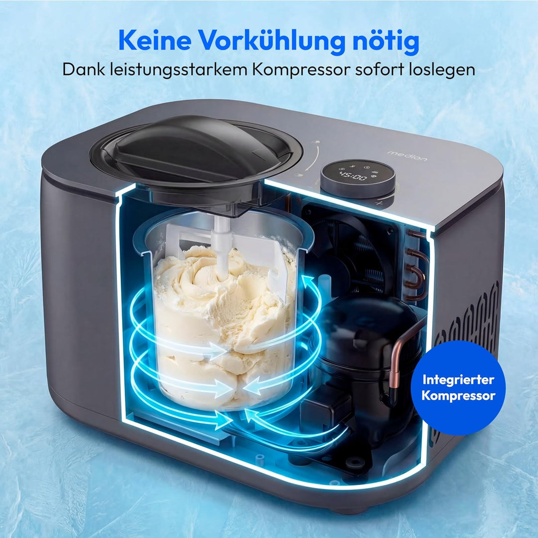 MEDION Eismaschine, Kapazität für 1 L Eis, kein Vorkühlen notwendig, LED-Display mit Sensor-Touch, e