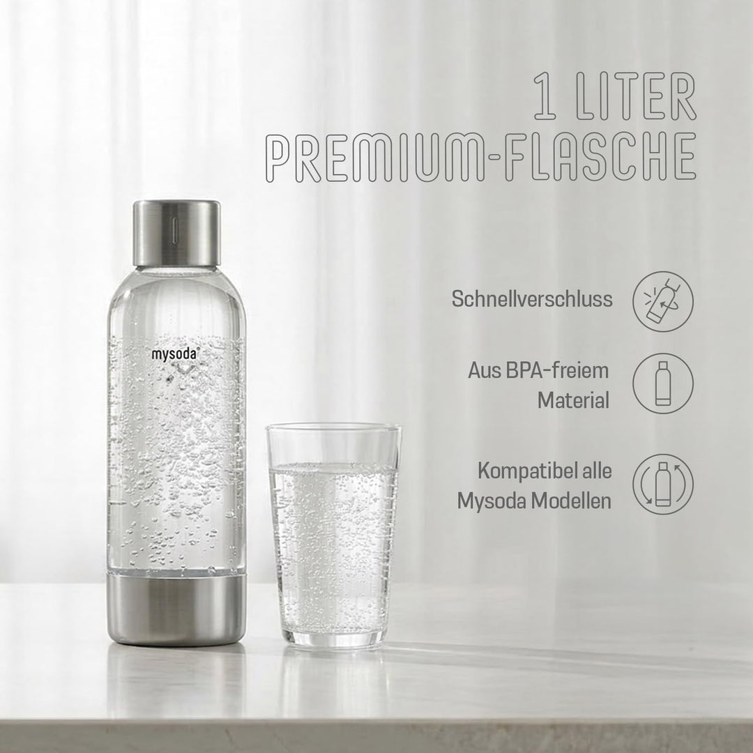 Mysoda: Hochwertiges und BPA-freies Premium 1 Liter Wasserflasche für Wassersprudler, Deckel und Bod
