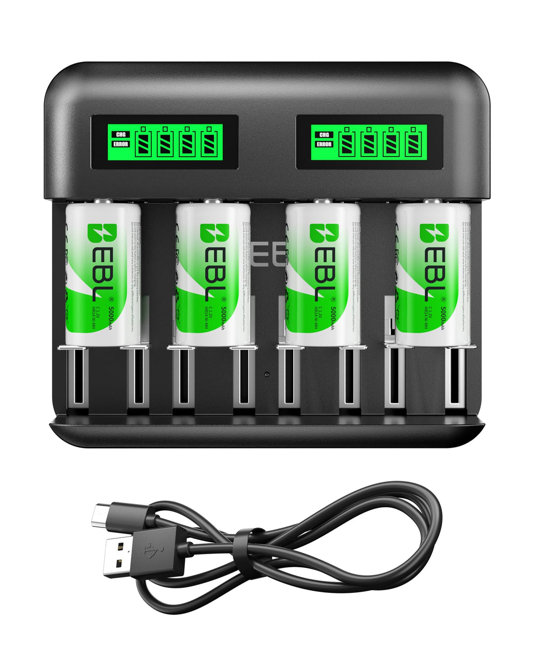 EBL Akku ladegerät inkl. 4X C 5000mAh für AA AAA C D NI-MH Akkus Type C Input Schnell ladegerät, LCD