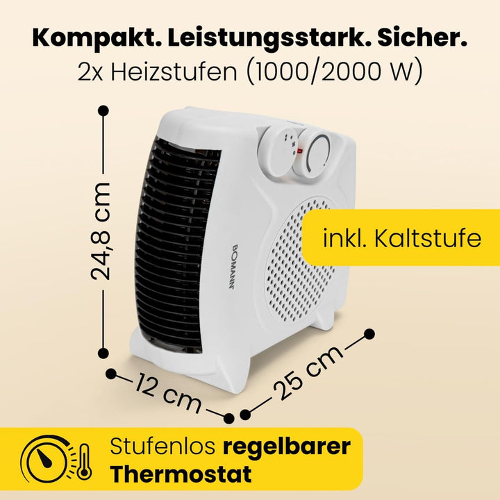 Bomann® mobiler & kompakter Heizlüfter | Heizlüfter 2000W & 1000W | Heizkörper mit Ventilatorfunktio