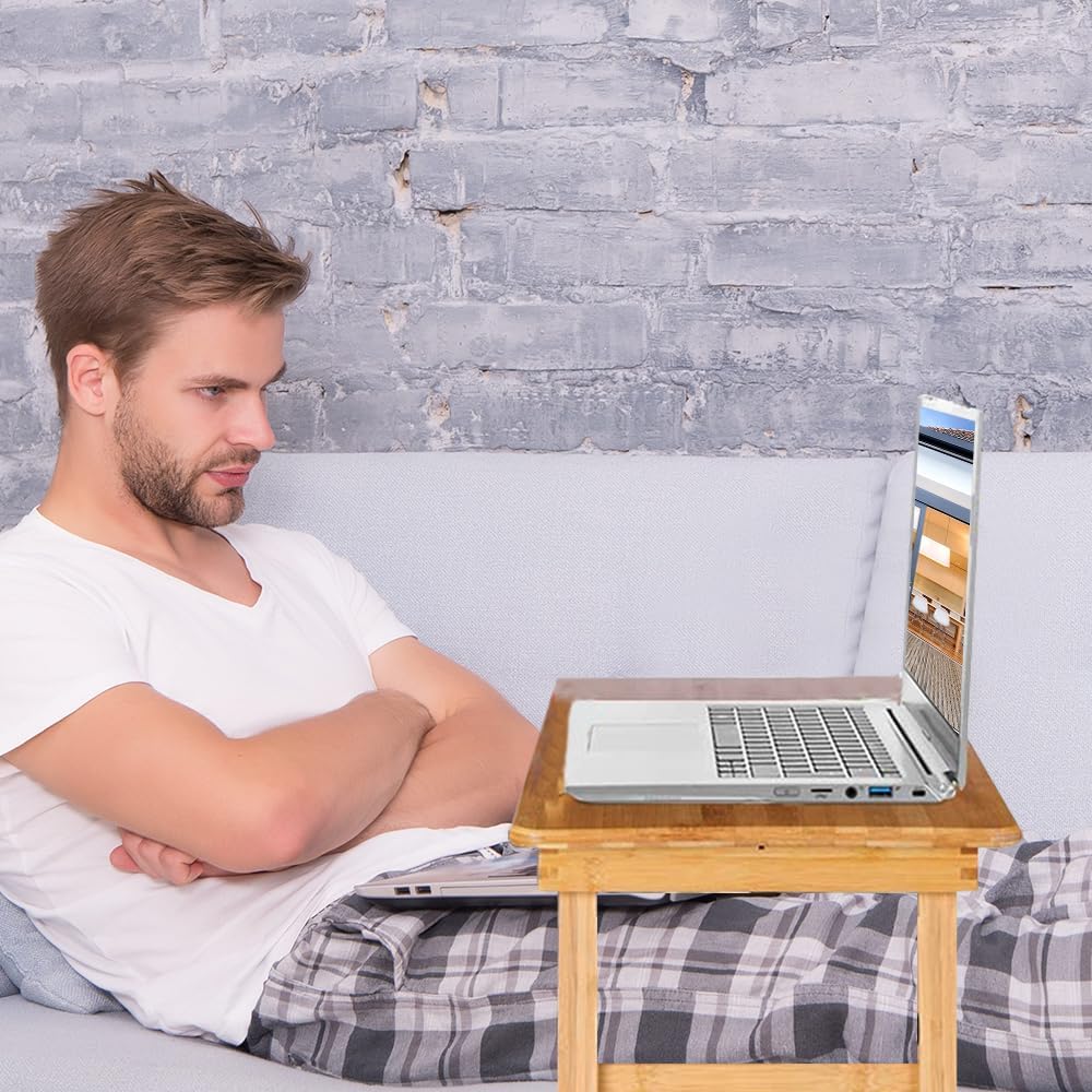 Klappbarer Betttisch aus Bambus für Laptop, neigbar, Computertisch mit einer kleinen Schublade, Lapt