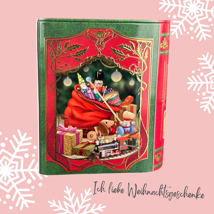 MediMuc Kleine Buchdose St. Nick rot/grün - nostalgische Dose aufwändig geprägt und bedruckt - Santa