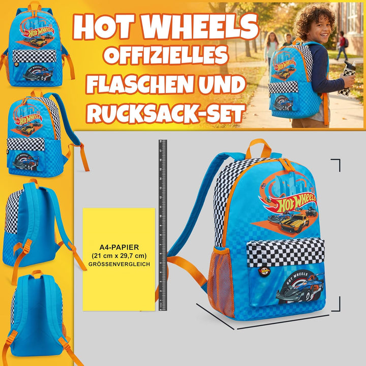 Get Trend Hot Wheels Rucksack Kinder Set, Kinderrucksack & Trinkflasche, 500ml Schule Sport Freizeit