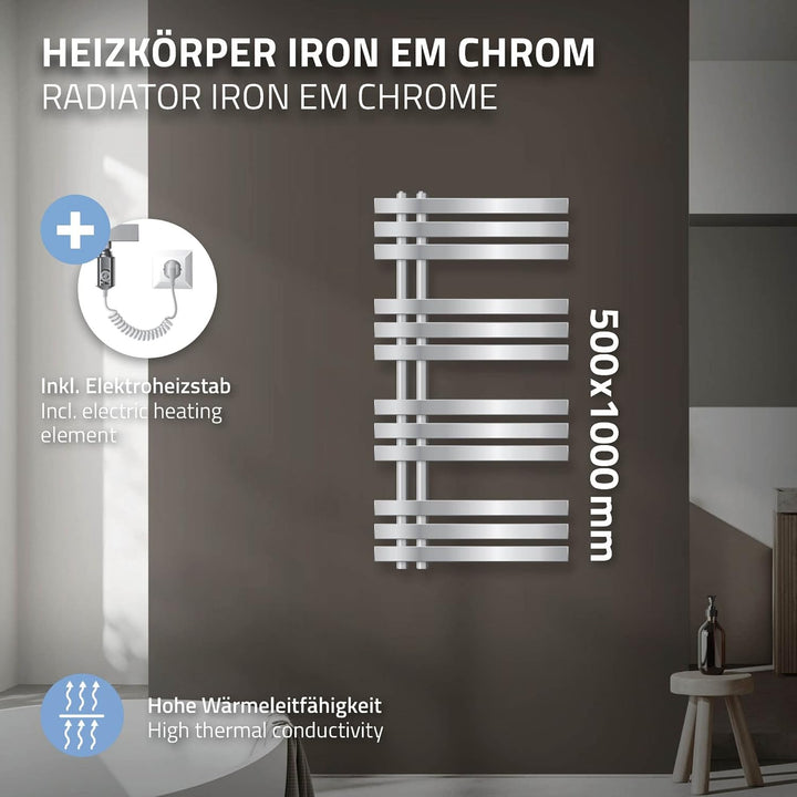 ECD Germany Iron EM Design Badheizkörper Elektrisch mit Heizstab 600 W - 500 x 1000 mm - Chrom - Des