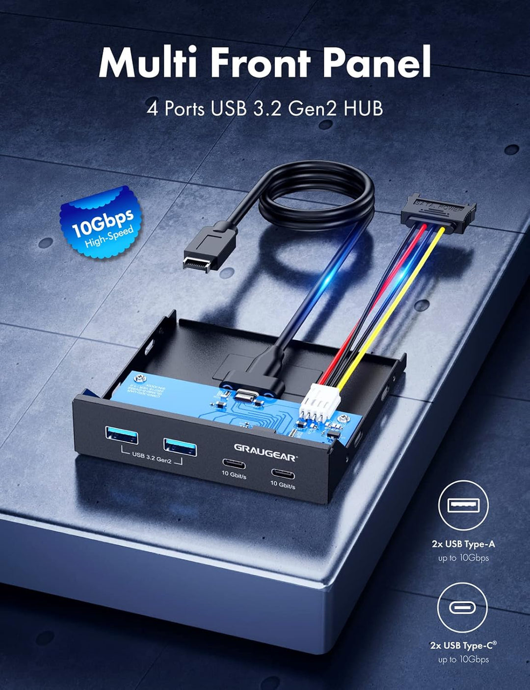 GRAUGEAR | 4 Anschlüsse 10Gbit/s Front-Panel | 2X USB-C+2X USB-A USB3.2 Gen2 HUB | Frontblende für 3
