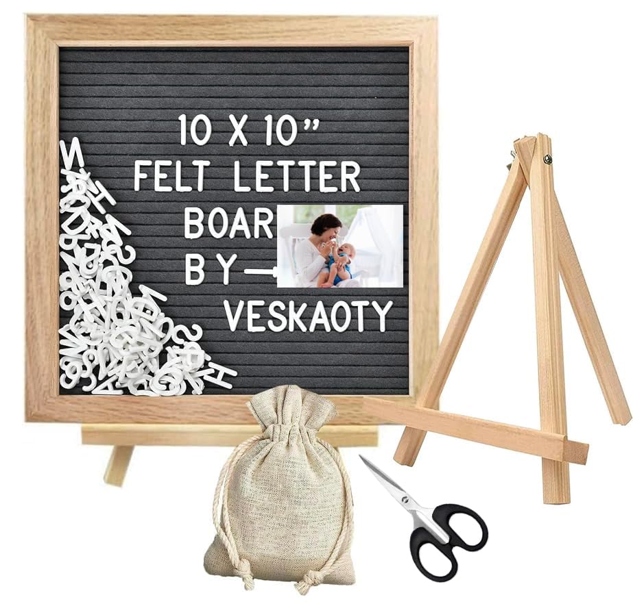 Letter Board aus Eiche und Filz 25×25cm Quadratisch Buchstabentafel mit 350 Buchstaben Staffelei und