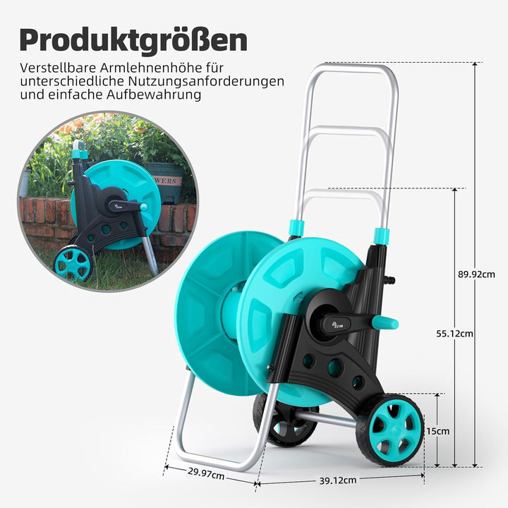 Schlauchwagen, Fahrbare Schlauchtrommel für 42m 1/2" Schlauch, mit Rädern, Verstellbarem Handlauf &amp;