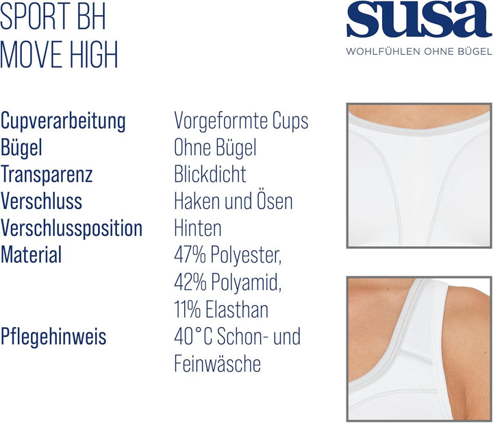 SUSA Sport BH Damen ohne Bügel Move high I Damen-BHs mit vorgeformten Cups I Sport Crop Top BH I Sta
