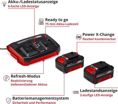 Original Einhell Starter Kit 2x 4,0 Ah Akkus und Twincharger Power X-Change (Li-Ion, 18 V, 75 min La