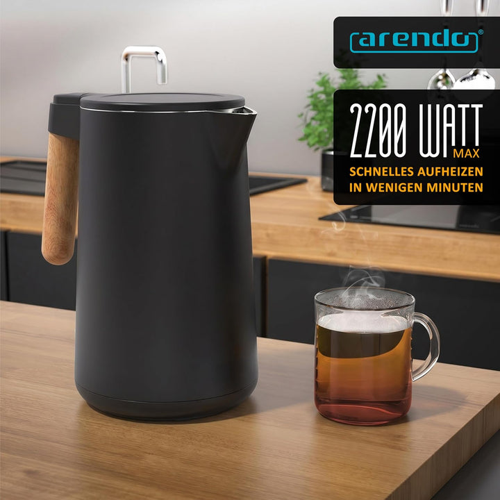 Arendo - Wasserkocher Edelstahl – 1,5 Liter - 2200 Watt – Doppelwand-Design – 360° Controller – BPA-