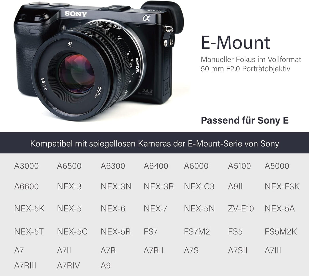 AstrHori 50mm F2.0 Objektiv mit grosser Blende Manuelles Vollformat-Objektiv Kompatibel mit Sony E-M