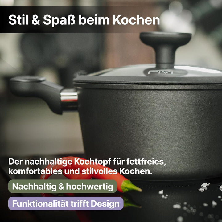 FIVI GUIDO Kochtopf 20 cm – 2,6l | Induktion geeignet | 100% recyceltes Aluminium | Glasdeckel mit S