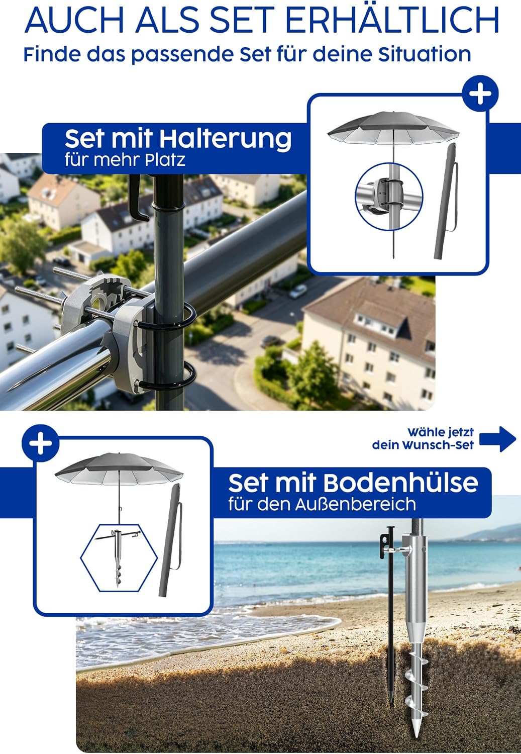 4smile Sonnenschirm Strand SunnyJoy, Anthrazit - UPF 50+ Strandschirm Ø 180 cm, sicherer Sonnenschut
