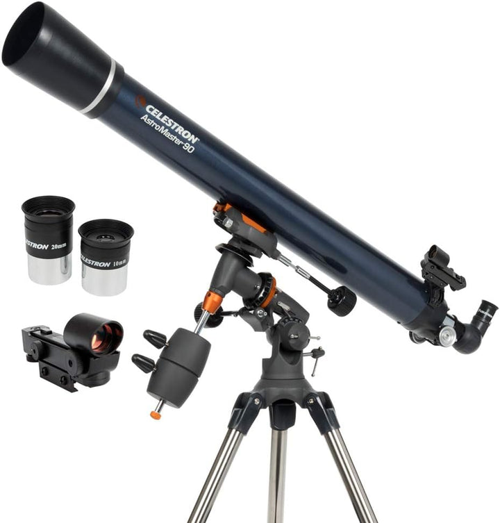 Celestron 21064 AstroMaster 90EQ Refraktor-Teleskop - mit Zwei Okularen, seitenrichtigem Spiegel, hö