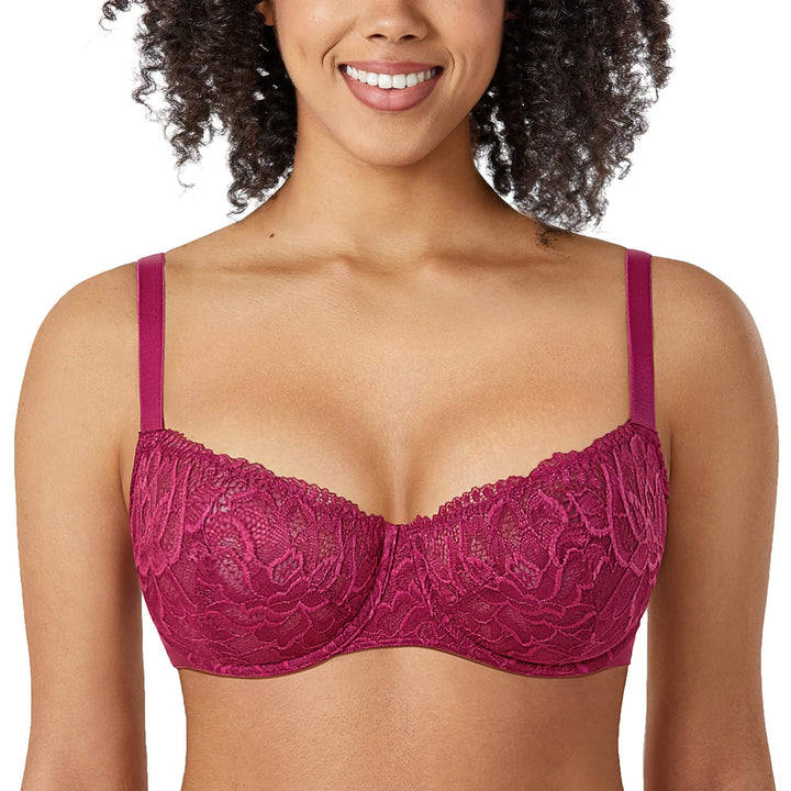 DELIMIRA Damen Spitze Balconette Push Up BH Sexy mit Bügel ohne Einlagen 90D Aubergine, 90D Aubergin