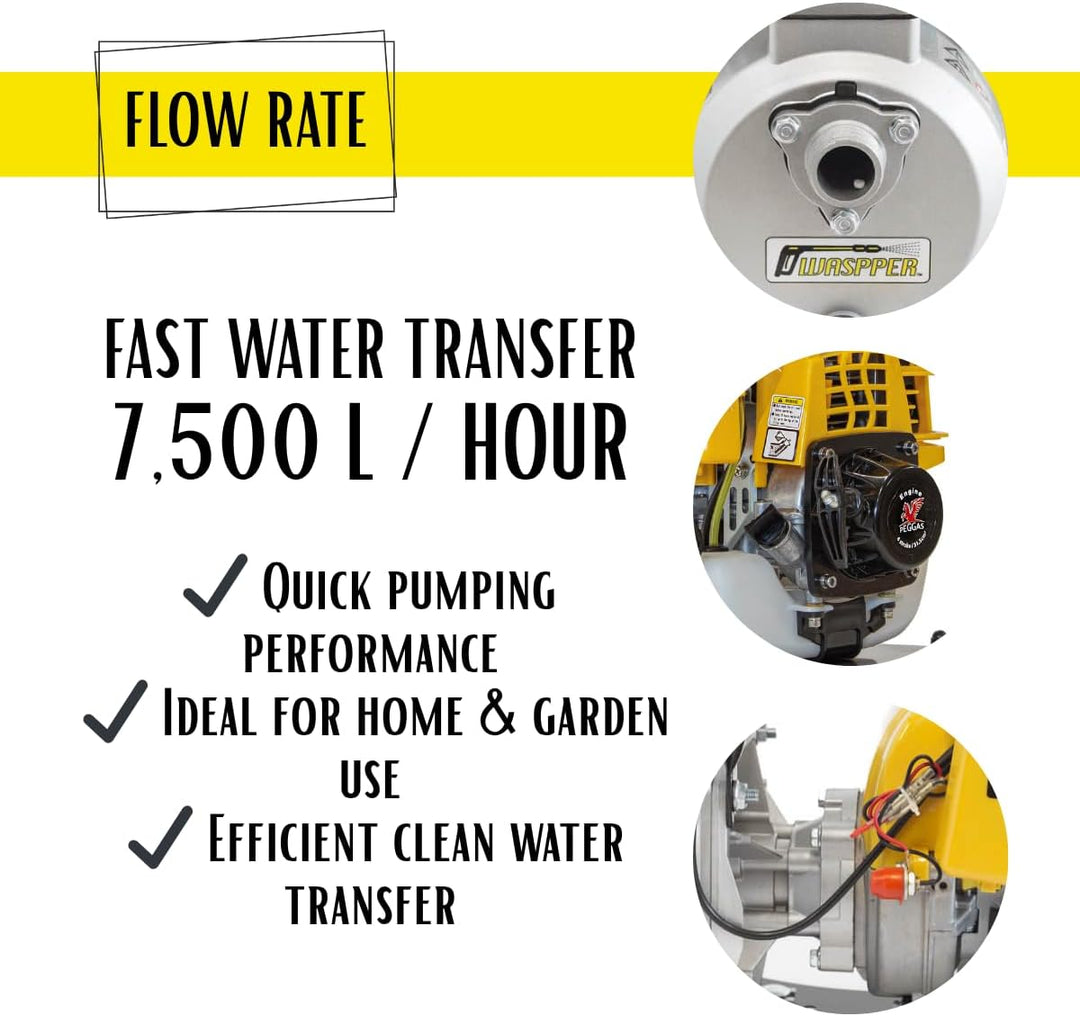 ✦ WASPPER PC107 ✦ Hochleistungs- &amp; Tragbare Benzin Wasserpumpe mit 7500 l/h Förderleistung ✦ 35m Was