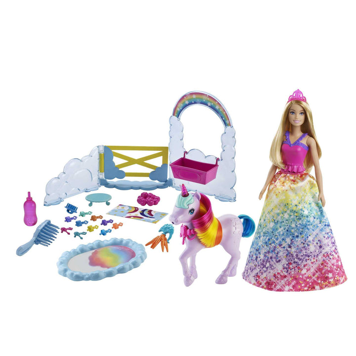 Barbie Dreamtopia Barbie-Puppe und Einhorn-Spielset, 1x Barbie-Puppe, 1x Einhorn, 15+ Barbie-Accesso