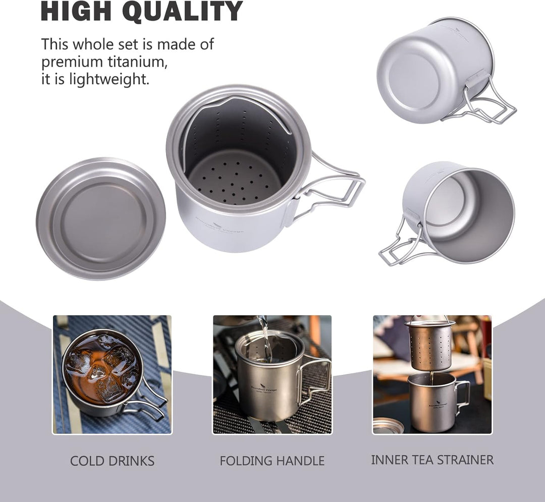 iBasingo 420ml / 14.2 fl oz Titan Becher mit Teesieb und Deckel Leichte Tasse mit Filter Outdoor Cam