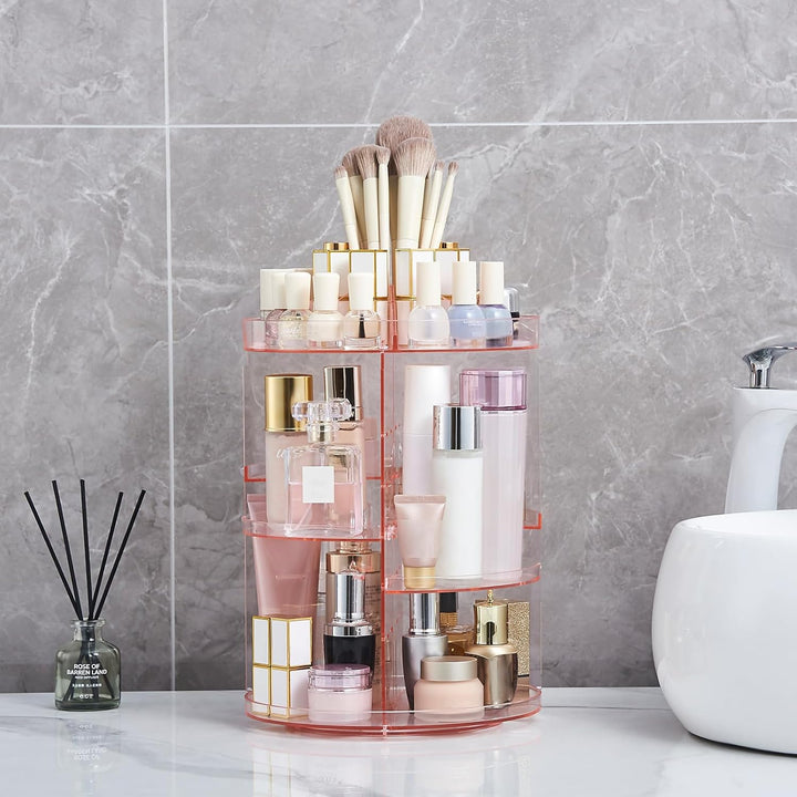 SUNFICON Rotating Makeup Organiser Pink Cosmetic Holder 360 Degree Spining Makeup Storage Box Displa