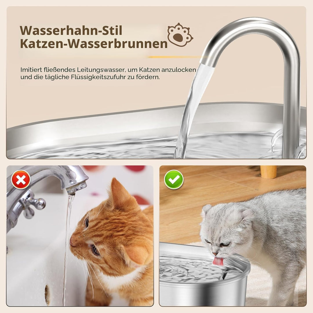 MeowFlow B30 Trinkbrunnen für Katzen, 2,2L Edelstahl-Haustierbrunnen mit sichtbarem Wasserfenster, e