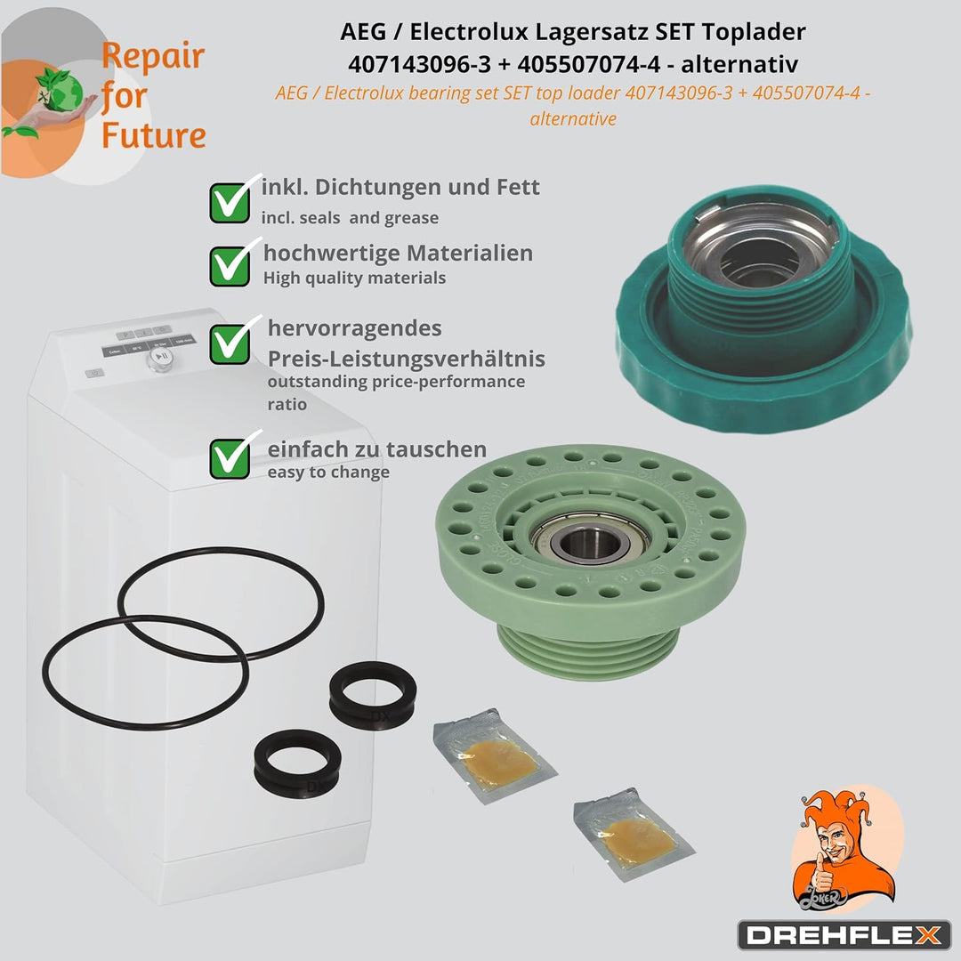 DREHFLEX - Lagersatz SET Toplader kompatibel für AEG/Electrolux 4055070744 + 4071430963 / für rechts