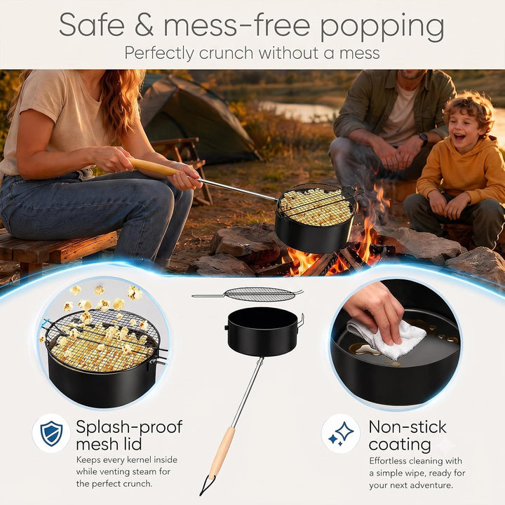 Popcorn Maker Kohlenstoffstahl Antihaft Popcornpfanne mit Hitzebeständigem Griff, Robuste Camping Po