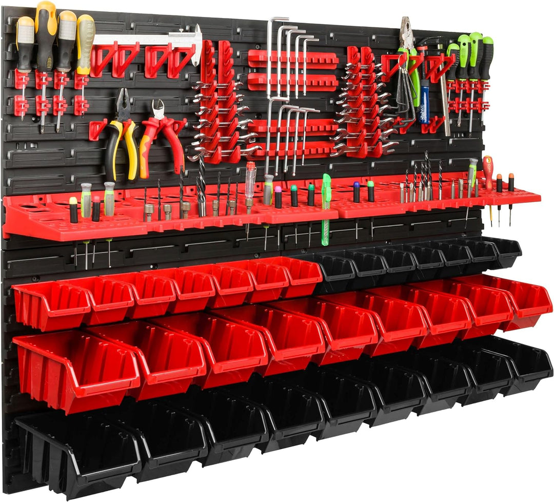 Lagersystem Werkstattregal | 115 x 78 cm | 32 stck. Box | Wandregal mit Werkzeughalterungen und Stap