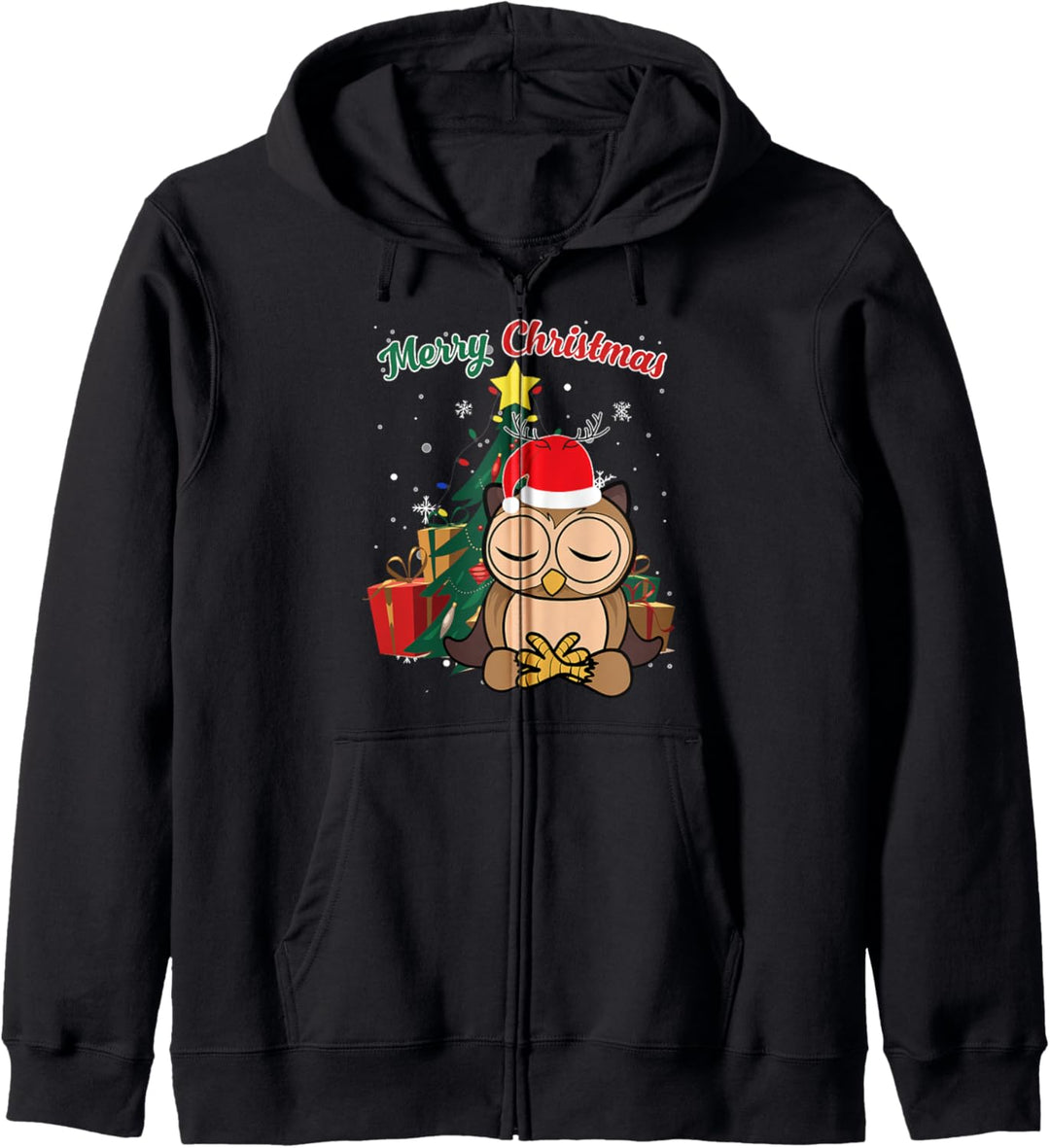 Meditation Yoga Eule Weihnachtsbaum Lichter Schneeflocken Kapuzenjacke