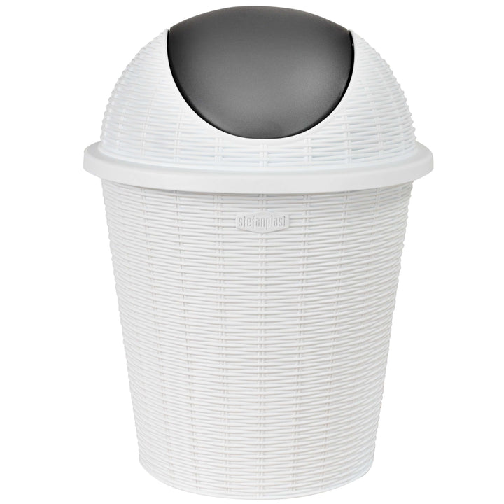 Mülleimer 10 Liter rund Weiss Rattanoptik Schwingdeckel Schwingdeckeleimer Kunststoff Küche Büro Bad