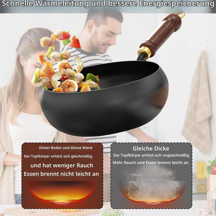 Japanische Handgeschmiedete Eisenpfanne 24cm – Robuste Eisenpfanne mit Holzdeckel &amp; Spatel, Antihaft