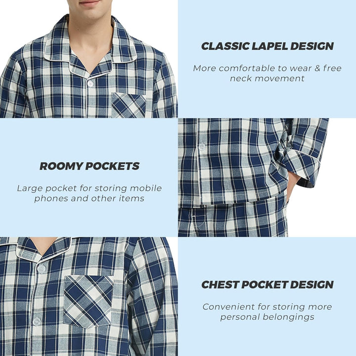 Vulcanodon Pyjama Herren 100% Baumwolle Schlafanzug lang Set kariert mit Knopfleiste weiche Nachtwäs
