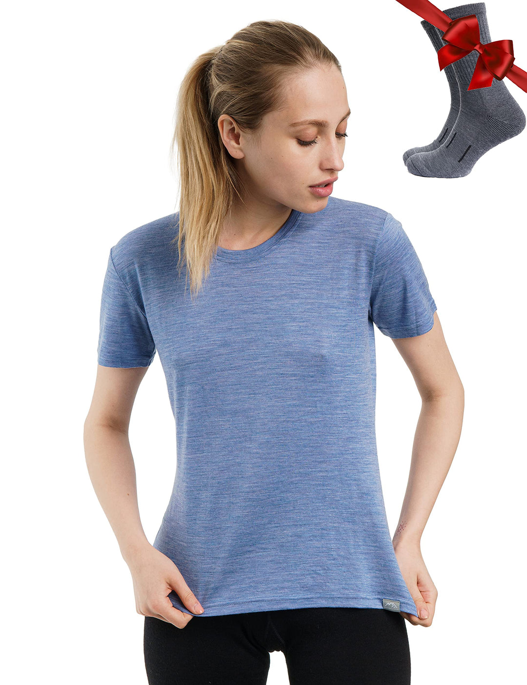 Merino.tech 100% Merino T Shirt Damen - Merinowolle Sport Wandern Thermoshirt Damen + Wandersocken D
