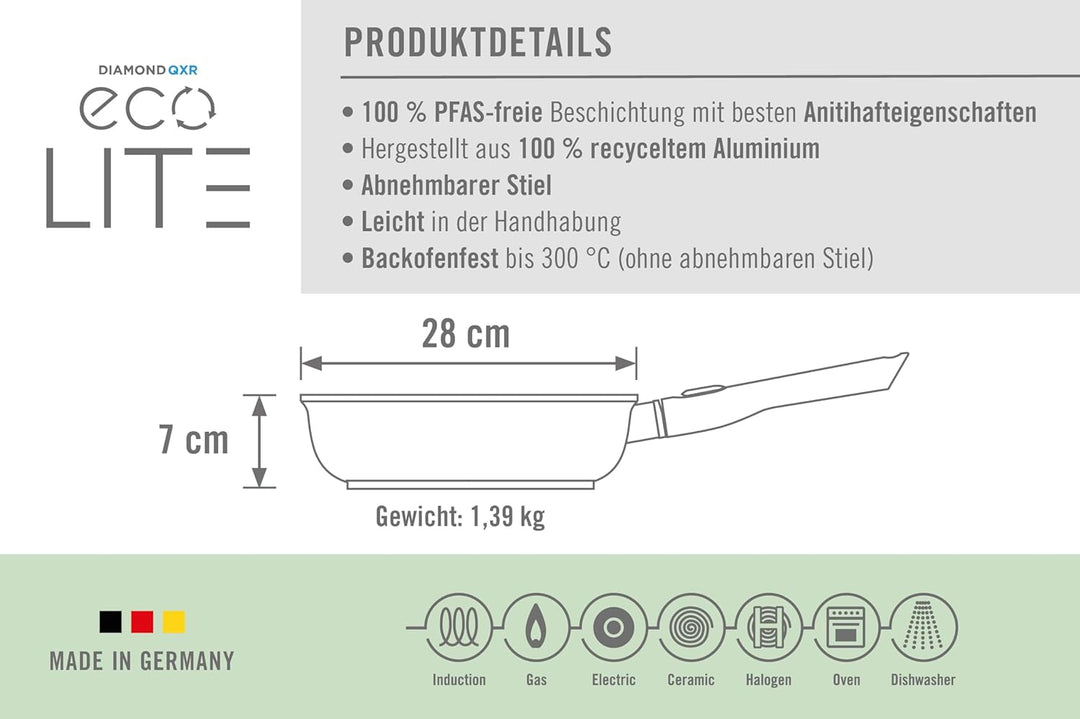 Woll Eco Lite QXR Hochrandpfanne - Induktiv - Ø 28 cm, 7 cm hoch, mit abnehmbarem Stiel - Geeignet f