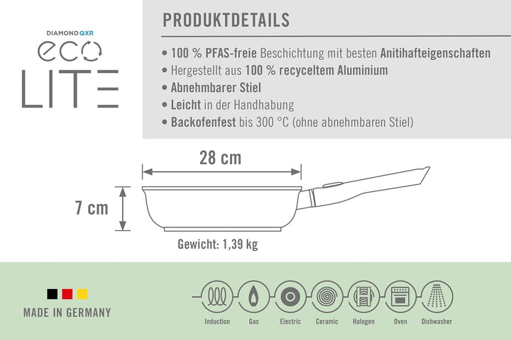 Woll Eco Lite QXR Hochrandpfanne - Induktiv - Ø 28 cm, 7 cm hoch, mit abnehmbarem Stiel - Geeignet f