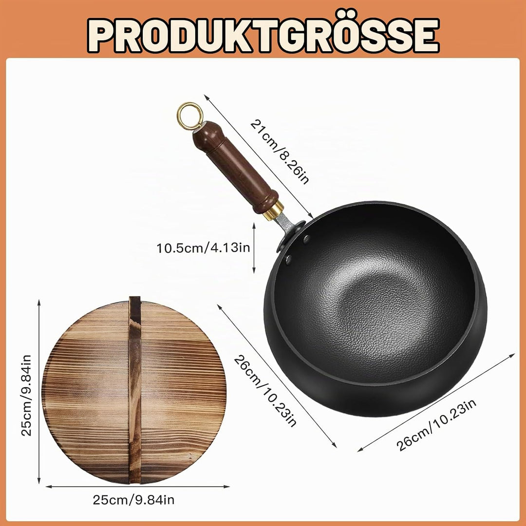 Japanische Eisenpfanne mit Holzdeckel, 24cm Natürlich Antihaft &amp; Ohne Chemische Beschichtung Iron Pa