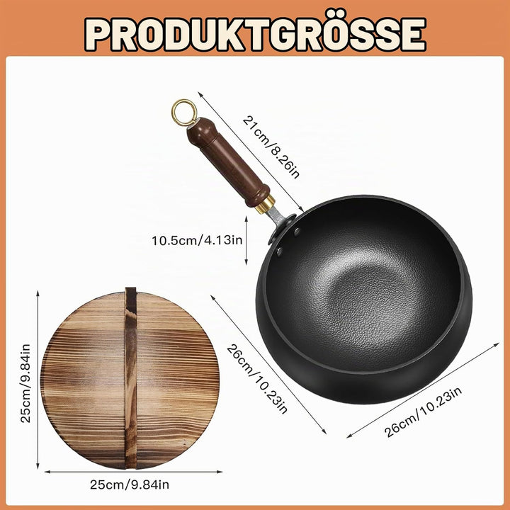 Japanische Eisenpfanne mit Holzdeckel, 24cm Natürlich Antihaft &amp; Ohne Chemische Beschichtung Iron Pa