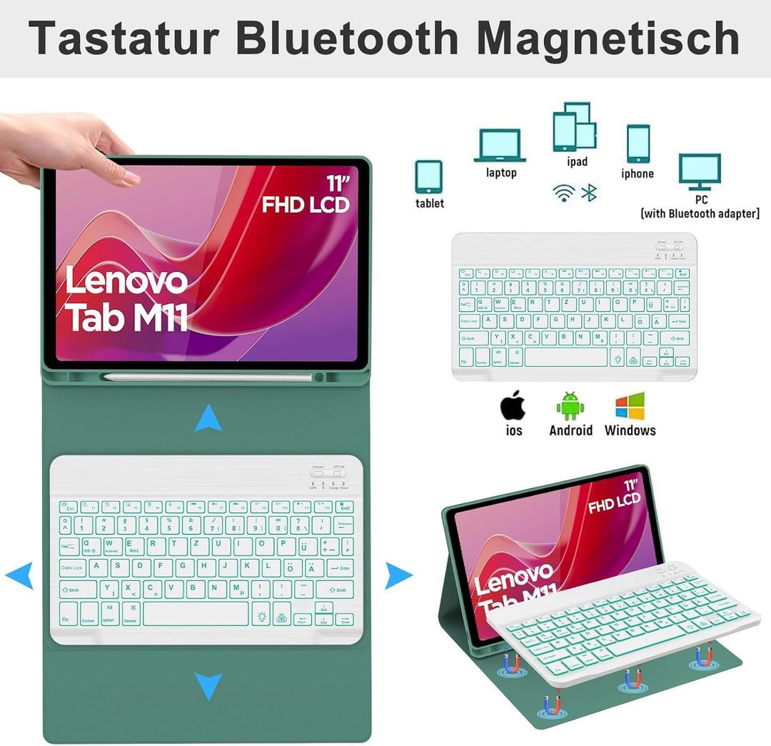 WINCHKING Tastatur Hülle für Lenovo Tab M11 11'' 2024, 7 Farben Beleuchtung, Tablet Magnetisch Abneh